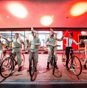 Ideas, Not Theories. By Reynaliz Herrera  photo by Aram Boghosian: image with 6 people on bikes